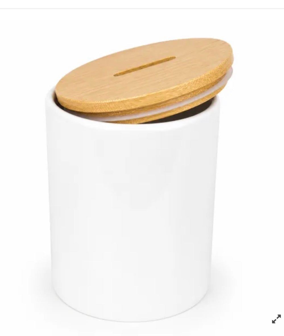 Tirelire céramique blanche couvercle bambou personnalisable