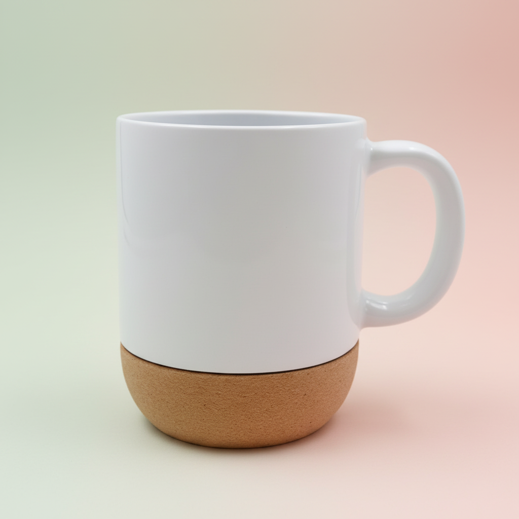 Mug en céramique blanche avec base en liège sur fond pastel