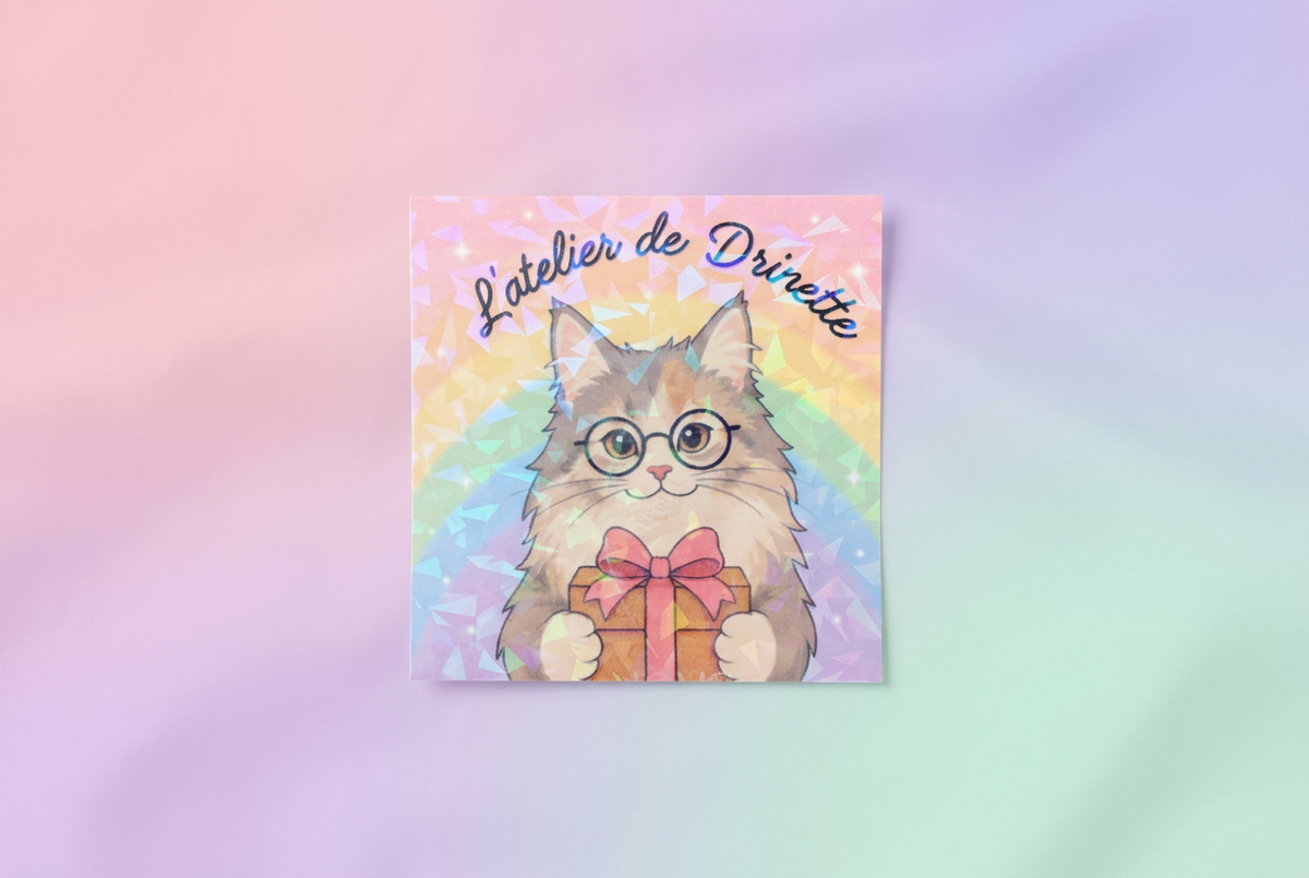 Sticker holographique chat lunettes L'atelier de Drinette fond pastel